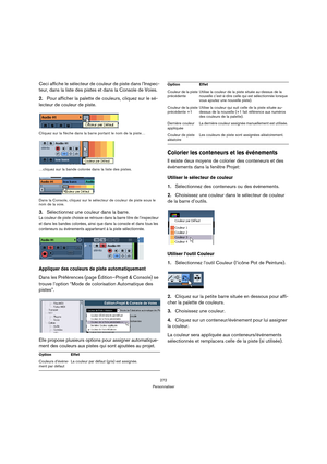 Page 272272
Personnaliser
Ceci affiche le sélecteur de couleur de piste dans l’Inspec-
teur, dans la liste des pistes et dans la Console de Voies.
2.Pour afficher la palette de couleurs, cliquez sur le sé-
lecteur de couleur de piste.
Cliquez sur la flèche dans la barre portant le nom de la piste…
…cliquez sur la bande colorée dans la liste des pistes.
Dans la Console, cliquez sur le sélecteur de couleur de piste sous le 
nom de la voie.
3.Sélectionnez une couleur dans la barre.
La couleur de piste choisie se...