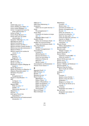 Page 285285
Index
A
ACID® (Boucles) 130
Action d’Édition par défaut 183
Action Initiale (Réglage) 265
Activer l’enregistrement pour les
pistes sélectionnées 49
Activer la Piste 46
Activer Projet (Bouton) 262
Activer Solo pour les pistes
sélectionnées 36
Actualiser l’Affichage 234, 235
Affichage de l’heure 44
Afficher Contrôleurs 26
Afficher Couleurs de Piste 27
Afficher données si pistes étroites 25
Afficher les noms des événements 25
Afficher N Pistes 24
Afficher toujours les courbes de
volume 26, 65...