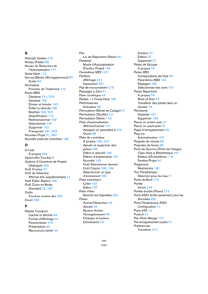 Page 290290
Index
N
Nettoyer Durées 216
Niveau (Fader) 88
Niveau de Réduction de
l’Automatisation 107
Noise Gate 112
Normal (Mode d’Enregistrement) 57
Audio 54
Normaliser
Fonction de Traitement 112
Notes MIDI
Déplacer 191, 203
Dessiner 189
Diviser et Joindre 193
Éditer la vélocité 196
Muettes 193, 203
Quantification 172
Redimensionner 192
Sélectionner 190
Supprimer 193
Transposer 191, 203
Nouveau Projet 21, 262
Nouvelle piste de contrôleur 195
O
O-note
À propos 205
Option/Alt (Touche) 8
Options d’Ouverture de...