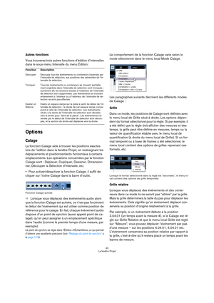 Page 4040
La fenêtre Projet
Autres fonctions
Vous trouverez trois autres fonctions d’édition d’intervalles 
dans le sous-menu Intervalle du menu Édition:
Options
Calage
La fonction Calage aide à trouver les positions exactes 
lors de l’édition dans la fenêtre Projet, en restreignant les 
déplacements et positionnements horizontaux à certains 
emplacements. Les opérations concernées par la fonction 
Calage sont : Déplacer, Dupliquer, Dessiner, Dimension-
ner, Découper la Sélection d’Intervalle, etc.
Pour...