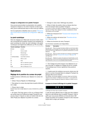 Page 4444
Lecture et palette Transport
Changer la configuration de la palette Transport
Vous pouvez personnaliser la présentation de la palette 
Transport en faisant un clic droit n’importe où dans la pa-
lette, puis en sélectionnant dans le menu local qui s’affiche.
Voir les explications détaillées dans la section “Personna-
liser via les menus contextuels de configuration” à la page 
270.
Le pavé numérique
Dans les réglages par défaut des raccourcis clavier, diver-
ses commandes de la palette Transport sont...