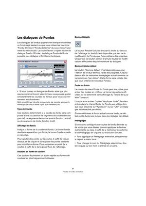 Page 6767
Fondus et fondus enchaînés
Les dialogues de Fondus
Les dialogues de fondus apparaissent lorsque vous éditez 
un fondu déjà existant ou que vous utilisez les fonctions 
“Fondu d’Entrée”/“Fondu de Sortie” du sous-menu Traite-
ment du menu Audio. La copie d’écran ci-après montre le 
dialogue Fondu d’Entrée : le dialogue Fondu de Sortie 
possède des réglages et fonctions identiques.
Si vous ouvrez un dialogue de Fondu alors que plu-
sieurs événements sont sélectionnés, vous pouvez ajuster 
simultanément...