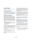 Page 266266
Gestion des fichiers
Importer de l’audio
ÖPour exporter de l’Audio, voir le chapitre ““Exporter un 
mixage audio” à la page 232”.
Importation de fichiers audio
Pour avoir des informations sur les préférences d’importa-
tion de fichiers audio, voir “Options d’Importation de fi-
chiers audio” à la page 28. Pour avoir des informations sur 
les options d’importation dans la Bibliothèque et sur l’im-
portation, voir “Importer un Media…” à la page 151.
Importation de fichiers ReCycle
Le programme ReCycle...