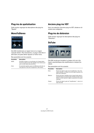 Page 2727
Les plug-ins d’effet fournis
Plug-ins de spatialisation
Cette section regroupe les descriptions des plug-ins 
“Spatial”.
MonoToStereo
Cet effet transformera un signal mono en un signal 
“pseudo-stéréo”. Pour fonctionner, ce plug-in doit être in-
séré dans une piste stéréo rejouant un ficher mono.
Ses paramètres sont les suivants:
Anciens plug-ins VST
Voici une sélection d’anciens plug-ins VST, divisée en di-
verses sous-catégories. 
Plug-ins de distorsion
Cette section regroupe les descriptions des...