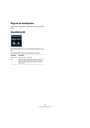 Page 3434
Les plug-ins d’effet fournis
Plug-ins de réverbération
Cette section regroupe les descriptions des plug-ins “Re-
verb”.
RoomWorks SE
RoomWorks SE fournit une réverbération de grande qua-
lité.
RoomWorks SE dispose des paramètres suivants:
Paramètre Description
Reverb Time Temps de réverb en secondes.
Mix Permet de doser l’équilibre entre signal d’origine et l’ef-
fet. Si RoomWorks SE est inséré dans une voie FX, ce 
paramètre doit être au maximum (100%) ou utilisez le 
bouton Send.  