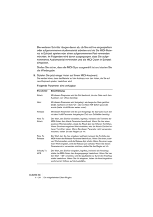 Page 20 
CUBASE SE
1 – 20 Die mitgelieferten Effekt-PlugIns 
Die weiteren Schritte hängen davon ab, ob Sie mit live eingespieltem 
oder aufgenommenem Audiomaterial arbeiten und ob Sie MIDI-Mate-
rial in Echtzeit spielen oder einen aufgenommenen Part verwenden 
möchten. Im Folgenden wird davon ausgegangen, dass Sie aufge-
nommenes Audiomaterial verwenden und die MIDI-Daten in Echtzeit 
einspielen.
Stellen Sie sicher, dass die MIDI-Spur ausgewählt ist und starten Sie 
die Wiedergabe. 
5. 
Spielen Sie jetzt einige...