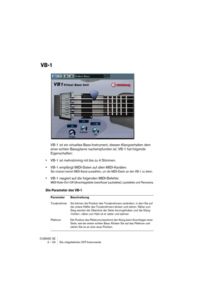 Page 54CUBASE SE
2 – 54 Die mitgelieferten VST-Instrumente
VB-1
VB-1 ist ein virtuelles Bass-Instrument, dessen Klangverhalten dem 
einer echten Bassgitarre nachempfunden ist. VB-1 hat folgende 
Eigenschaften:
•VB-1 ist mehrstimmig mit bis zu 4 Stimmen. 
•VB-1 empfängt MIDI-Daten auf allen MIDI-Kanälen.
Sie müssen keinen MIDI-Kanal auswählen, um die MIDI-Daten an den VB-1 zu leiten.
•VB-1 reagiert auf die folgenden MIDI-Befehle: 
MIDI-Note-On/-Off (Anschlagstärke beeinflusst Lautstärke), Lautstärke und...