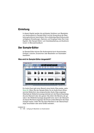 Page 168CUBASE SE
13 – 168 Lehrgang 6: Bearbeiten von Audiomaterial
Einleitung
In diesem Kapitel werden die wichtigsten Verfahren zum Bearbeiten 
von Audiomaterial im Sample-Editor und die Verwendung der Bear-
beitungsfunktionen beschrieben. Eine vollständige Beschreibung aller 
verfügbaren Einstellungen, Optionen und Vorgänge finden Sie in den 
Kapiteln »Der Sample-Editor« und »Audiobearbeitung und Audiofunk-
tionen« im Benutzerhandbuch.
Der Sample-Editor
Im Sample-Editor können Sie Audiomaterial durch...