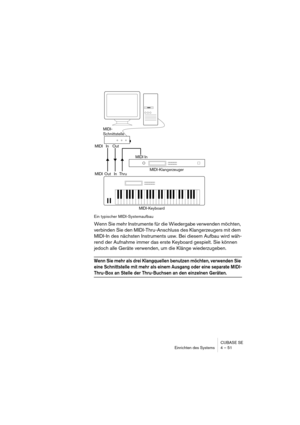 Page 51CUBASE SE
Einrichten des Systems 4 – 51
Ein typischer MIDI-Systemaufbau
Wenn Sie mehr Instrumente für die Wiedergabe verwenden möchten, 
verbinden Sie den MIDI-Thru-Anschluss des Klangerzeugers mit dem 
MIDI-In des nächsten Instruments usw. Bei diesem Aufbau wird wäh-
rend der Aufnahme immer das erste Keyboard gespielt. Sie können 
jedoch alle Geräte verwenden, um die Klänge wiederzugeben.
Wenn Sie mehr als drei Klangquellen benutzen möchten, verwenden Sie 
eine Schnittstelle mit mehr als einem Ausgang...