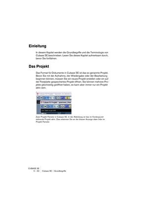 Page 62CUBASE SE
5 – 62 Cubase SE – Grundbegriffe
Einleitung
In diesem Kapitel werden die Grundbegriffe und die Terminologie von 
Cubase SE beschrieben. Lesen Sie dieses Kapitel aufmerksam durch, 
bevor Sie fortfahren.
Das Projekt
Das Format für Dokumente in Cubase SE ist das so genannte Projekt. 
Bevor Sie mit der Aufnahme, der Wiedergabe oder der Bearbeitung 
beginnen können, müssen Sie ein neues Projekt erstellen oder ein auf 
der Festplatte gespeichertes Projekt öffnen. Sie können mehrere Pro-
jekte...