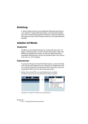 Page 68CUBASE SE
6 – 68 Grundlegende Bearbeitungsverfahren
Einleitung
In diesem Kapitel werden die grundlegenden Bearbeitungsmethoden 
und -verfahren in Cubase SE beschrieben. Lesen Sie dieses Kapitel, 
bevor Sie mit dem Benutzerhandbuch fortfahren, da Sie hier allgemeine 
Informationen finden, die alle Programmbereiche und Vorgehensweisen 
betreffen. 
Arbeiten mit Menüs
Hauptmenüs
Die Menüs in der Hauptmenüleiste von Cubase SE sind immer ver-
fügbar, unabhängig davon, welches Fenster Sie geöffnet haben. Die...