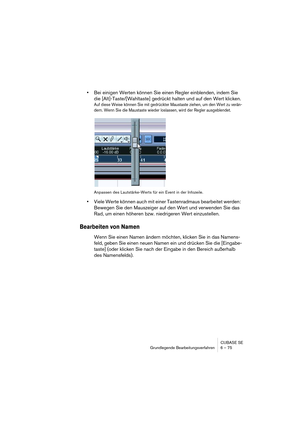 Page 75CUBASE SE
Grundlegende Bearbeitungsverfahren 6 – 75
•Bei einigen Werten können Sie einen Regler einblenden, indem Sie 
die [Alt]-Taste/[Wahltaste] gedrückt halten und auf den Wert klicken.
Auf diese Weise können Sie mit gedrückter Maustaste ziehen, um den Wert zu verän-
dern. Wenn Sie die Maustaste wieder loslassen, wird der Regler ausgeblendet.
Anpassen des Lautstärke-Werts für ein Event in der Infozeile.
•Viele Werte können auch mit einer Tastenradmaus bearbeitet werden: 
Bewegen Sie den Mauszeiger auf...