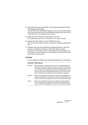 Page 21 
CUBASE SE
MIDI-Effekte 2 – 21 
4. 
Verwenden Sie das Length-Feld, um die Länge der einzelnen Noten 
des Arpeggios festzulegen. 
Auf diese Weise können Sie Stakkato-Arpeggios (bei denen der Length-Wert geringer 
als der Quantize-Wert ist) oder einander überlappende Arpeggio-Noten (bei denen der 
Length-Wert höher als der Quantize-Wert ist) erstellen.
 
5. 
Stellen Sie den Parameter »Semi-Range« auf 12 ein. 
Für die Akkordbrechung wird dann ein Bereich von einer Oktave verwendet.
 
6. 
Spielen Sie einen...