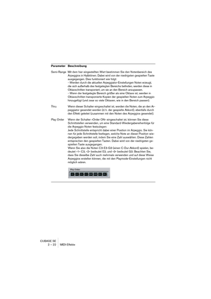 Page 22 
CUBASE SE
2 – 22 MIDI-Effekte
Semi-Range Mit dem hier eingestellten Wert bestimmen Sie den Notenbereich des 
Arpeggios in Halbtönen. Dabei wird von der niedrigsten gespielten Taste 
ausgegangen. Dies funktioniert wie folgt:
- Werden durch die aktuellen Arpeggiator-Einstellungen Noten erzeugt, 
die sich außerhalb des festgelegten Bereichs befinden, werden diese in 
Oktavschritten transponiert, um sie an den Bereich anzupassen.
- Wenn der festgelegte Bereich größer als eine Oktave ist, werden in...