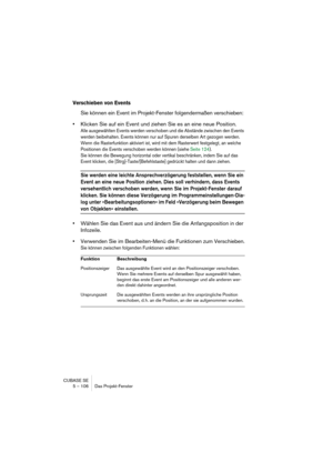 Page 106CUBASE SE
5 – 106 Das Projekt-Fenster
Verschieben von Events
Sie können ein Event im Projekt-Fenster folgendermaßen verschieben:
•Klicken Sie auf ein Event und ziehen Sie es an eine neue Position.
Alle ausgewählten Events werden verschoben und die Abstände zwischen den Events 
werden beibehalten. Events können nur auf Spuren derselben Art gezogen werden. 
Wenn die Rasterfunktion aktiviert ist, wird mit dem Rasterwert festgelegt, an welche 
Positionen die Events verschoben werden können (siehe Seite...