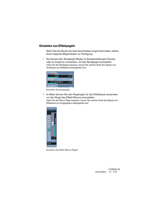 Page 219CUBASE SE
Audioeffekte 10 – 219
Einstellen von Effektpegeln
Wenn Sie die Sends wie oben beschrieben eingerichtet haben, stehen 
Ihnen folgende Möglichkeiten zur Verfügung:
•Sie können den Sendpegel-Regler im Kanaleinstellungen-Fenster 
oder im Inspector verwenden, um den Sendpegel einzustellen.
Indem Sie den Sendpegel anpassen, steuern Sie, welcher Anteil des Signals vom 
Audiokanal zum Effektkanal weitergeleitet wird.
Einstellen des Sendpegels
•Im Mixer können Sie den Pegelregler für den Effektkanal...