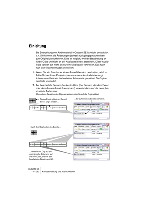 Page 280CUBASE SE
14 – 280 Audiobearbeitung und Audiofunktionen
Einleitung
Die Bearbeitung von Audiomaterial in Cubase SE ist »nicht destruktiv«, 
d. h. Sie können alle Änderungen jederzeit rückgängig machen bzw. 
zum Original zurückkehren. Dies ist möglich, weil die Bearbeitung an 
Audio-Clips und nicht an der Audiodatei selbst stattfindet. Diese Audio-
Clips können auf mehr als nur eine Audiodatei verweisen. Das kann 
man sich folgendermaßen vorstellen: 
1.Wenn Sie ein Event oder einen Auswahlbereich...