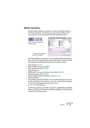 Page 369CUBASE SE
Der Pool 18 – 369
Medium importieren…
Mit dem Dialog »Medium importieren« können Sie Dateien direkt in 
den Pool importieren. Der Dialog kann über das Pool-Menü oder 
durch Klicken auf den Importieren-Schalter geöffnet werden.
Der Dialog »Medium importieren« ist ein Standard-Dateiauswahldialog, 
über den Sie z. B. andere Ordner öffnen oder Dateien anhören können. 
Die folgenden Audiodateiformate können importiert werden:
• Wave (siehe Seite 531)
• AIFF und AIFC (»Compressed AIFF«)
• REX oder...