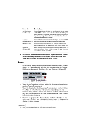 Page 394CUBASE SE
19 – 394 Echtzeitbearbeitung von MIDI-Parametern und Effekten
• Bei Effekten, deren Parameter im Inspector angezeigt werden, können 
Sie ein separates Bedienfeld öffnen, indem Sie mit gedrückter [Alt]-
Taste/[Wahltaste] auf den Bearbeiten-Schalter klicken.
Presets
Für einige der MIDI-Effekte stehen Ihnen vordefinierte Presets zur Ver-
fügung. Im Presets-Bereich befinden sich normalerweise ein Presets-
Einblendmenü sowie ein Speichern- (+) und Entfernen-Schalter (-).
• Wenn Sie ein Preset laden...