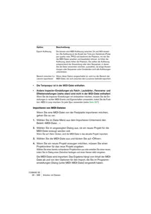 Page 588CUBASE SE
28 – 588 Arbeiten mit Dateien
• Die Tempospur ist in der MIDI-Datei enthalten.
• Andere Inspector-Einstellungen als Patch-, Lautstärke-, Panorama- und 
Effekteinstellungen (siehe oben) sind nicht in der MIDI-Datei enthalten! 
Wenn Sie die Inspector-Einstellungen mit einbeziehen möchten, müssen Sie die Ein-
stellungen in »echte« MIDI-Events und Eigenschaften umwandeln, indem Sie die Funk-
tion »MIDI in Loop mischen« für jede Spur verwenden (siehe Seite 397).
Importieren von MIDI-Dateien
Wenn Sie...