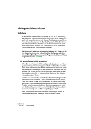 Page 614CUBASE SE
30 – 614 Tastaturbefehle
Hintergrundinformationen
Einleitung
In den meisten Hauptmenüs von Cubase SE gibt es für bestimmte 
Menüoptionen Tastaturbefehle. Außerdem können Sie in Cubase SE 
auch viele andere Funktionen mit Hilfe von Tastaturbefehlen ausführen. 
Hierbei handelt es sich um die Standard-Tastaturbefehle. Sie können 
die vorhandenen Tastaturbefehle auch nach Ihren Wünschen verän-
dern und zusätzlich Befehlen und Funktionen, für die es noch keine 
Tastaturbefehle gibt, Tastaturbefehle...