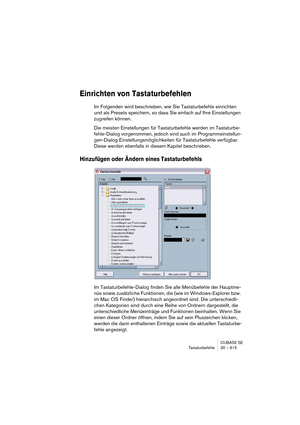 Page 615CUBASE SE
Tastaturbefehle 30 – 615
Einrichten von Tastaturbefehlen
Im Folgenden wird beschrieben, wie Sie Tastaturbefehle einrichten 
und als Presets speichern, so dass Sie einfach auf Ihre Einstellungen 
zugreifen können.
Die meisten Einstellungen für Tastaturbefehle werden im Tastaturbe-
fehle-Dialog vorgenommen, jedoch sind auch im Programmeinstellun-
gen-Dialog Einstellungsmöglichkeiten für Tastaturbefehle verfügbar. 
Diese werden ebenfalls in diesem Kapitel beschrieben.
Hinzufügen oder Ändern eines...