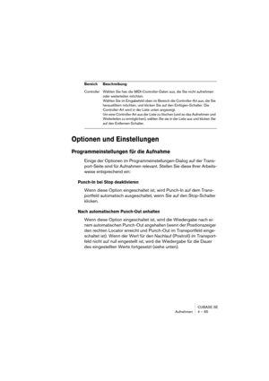 Page 65CUBASE SE
Aufnehmen 4 – 65
Optionen und Einstellungen
Programmeinstellungen für die Aufnahme
Einige der Optionen im Programmeinstellungen-Dialog auf der Trans-
port-Seite sind für Aufnahmen relevant. Stellen Sie diese Ihrer Arbeits-
weise entsprechend ein:
Punch-In bei Stop deaktivieren
Wenn diese Option eingeschaltet ist, wird Punch-In auf dem Trans-
portfeld automatisch ausgeschaltet, wenn Sie auf den Stop-Schalter 
klicken.
Nach automatischem Punch-Out anhalten
Wenn diese Option eingeschaltet ist,...