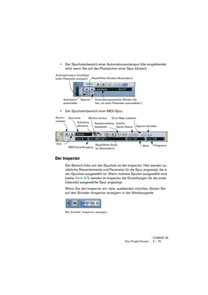 Page 75CUBASE SE
Das Projekt-Fenster 5 – 75
•Der Spurlistenbereich einer Automationsunterspur (die eingeblendet 
wird, wenn Sie auf das Pluszeichen einer Spur klicken):
•Der Spurlistenbereich einer MIDI-Spur:
Der Inspector
Der Bereich links von der Spurliste ist der Inspector. Hier werden zu-
sätzliche Steuerelemente und Parameter für die Spur angezeigt, die in 
der Spurliste ausgewählt ist. Wenn mehrere Spuren ausgewählt sind 
(siehe Seite 97), werden im Inspector die Einstellungen für die erste 
(oberste)...