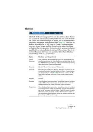 Page 85CUBASE SE
Das Projekt-Fenster 5 – 85
Das Lineal
Oberhalb der Event-Anzeige befindet sich das Zeitlineal. Beim Starten 
von Cubase SE hat das Lineal im Projekt-Fenster, wie auch alle ande-
ren Lineale und Positionsanzeigen im Projekt, das im Projekteinstellun-
gen-Dialog festgelegte Anzeigeformat (siehe Seite 87). Wenn Sie ein 
anderes Anzeigeformat für das Lineal im Projekt-Fenster auswählen 
möchten, klicken Sie auf das Pfeil-Symbol rechts neben dem Lineal 
und wählen Sie im angezeigten Einblendmenü die...