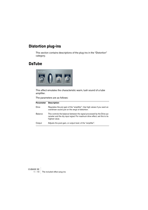 Page 10 
CUBASE SE
1 – 10 The included effect plug-ins 
Distortion plug-ins
 
This section contains descriptions of the plug-ins in the “Distortion” 
category. 
DaTube
 
This effect emulates the characteristic warm, lush sound of a tube 
amplifier.
The parameters are as follows: 
Parameter Description  
Drive Regulates the pre-gain of the “amplifier”. Use high values if you want an 
overdriven sound just on the verge of distortion.
Balance This controls the balance between the signal processed by the Drive pa-...