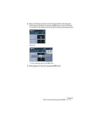 Page 111CUBASE SETutorial 2: Recording and playing back MIDI 9 – 111
4.Click on the blue value line in the Transpose field in the Inspector.
A fader appears, allowing you to transpose the MIDI track up or down in semitones. 
You can also use the up/down arrows to the right in the field to set transpose values.
Click here…
…to set a transpose value for the MIDI track.
5.Start playback to hear the transposed MIDI track.   