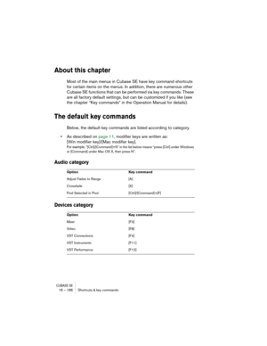 Page 186CUBASE SE16 – 186 Shortcuts & key commands
About this chapter
Most of the main menus in Cubase SE have key command shortcuts 
for certain items on the menus. In addition, there are numerous other 
Cubase SE functions that can be performed via key commands. These 
are all factory default settings, but can be customized if you like (see 
the chapter “Key commands” in the Operation Manual for details).
The default key commands
Below, the default key commands are listed according to category.
•As described...