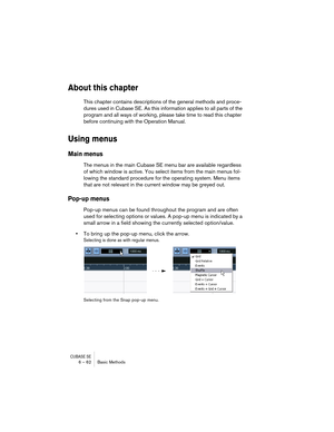 Page 62CUBASE SE6 – 62 Basic Methods
About this chapter
This chapter contains descriptions of the general methods and proce-
dures used in Cubase SE. As this information applies to all parts of the 
program and all ways of working, please take time to read this chapter 
before continuing with the Operation Manual. 
Using menus
Main menus
The menus in the main Cubase SE menu bar are available regardless 
of which window is active. You select items from the main menus fol-
lowing the standard procedure for the...