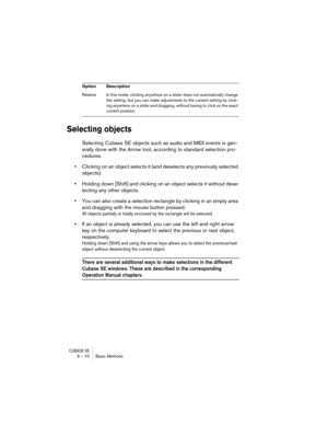 Page 70CUBASE SE6 – 70 Basic Methods
Selecting objects
Selecting Cubase SE objects such as audio and MIDI events is gen-
erally done with the Arrow tool, according to standard selection pro-
cedures.
•Clicking on an object selects it (and deselects any previously selected 
objects).
•Holding down [Shift] and clicking on an object selects it without dese-
lecting any other objects.
•You can also create a selection rectangle by clicking in an empty area 
and dragging with the mouse button pressed.
All objects...