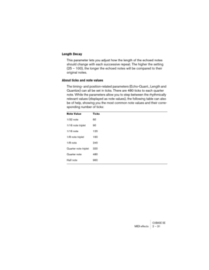 Page 31CUBASE SEMIDI effects 2 – 31
Length Decay
This parameter lets you adjust how the length of the echoed notes 
should change with each successive repeat. The higher the setting 
(25 – 100), the longer the echoed notes will be compared to their 
original notes.
About ticks and note values
The timing- and position-related parameters (Echo-Quant., Length and 
Quantize) can all be set in ticks. There are 480 ticks to each quarter 
note. While the parameters allow you to step between the rhythmically 
relevant...