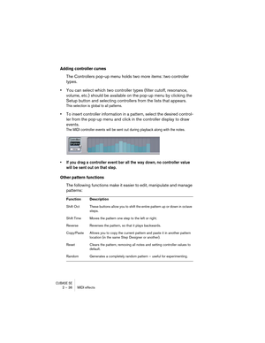 Page 36CUBASE SE2 – 36 MIDI effects
Adding controller curves
The Controllers pop-up menu holds two more items: two controller 
types.
•You can select which two controller types (filter cutoff, resonance, 
volume, etc.) should be available on the pop-up menu by clicking the 
Setup button and selecting controllers from the lists that appears.
This selection is global to all patterns.
•To insert controller information in a pattern, select the desired control-
ler from the pop-up menu and click in the controller...