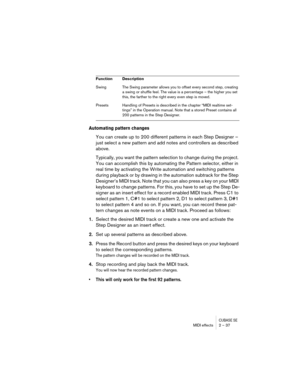 Page 37CUBASE SEMIDI effects 2 – 37
Automating pattern changes
You can create up to 200 different patterns in each Step Designer – 
just select a new pattern and add notes and controllers as described 
above.
Typically, you want the pattern selection to change during the project. 
You can accomplish this by automating the Pattern selector, either in 
real time by activating the Write automation and switching patterns 
during playback or by drawing in the automation subtrack for the Step 
Designer’s MIDI track....