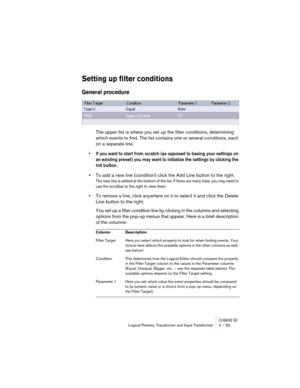 Page 53CUBASE SELogical Presets, Transformer and Input Transformer 4 – 53
Setting up filter conditions
General procedure
The upper list is where you set up the filter conditions, determining 
which events to find. The list contains one or several conditions, each 
on a separate line.
• If you want to start from scratch (as opposed to basing your settings on 
an existing preset) you may want to initialize the settings by clicking the 
Init button.
•To add a new line (condition) click the Add Line button to the...