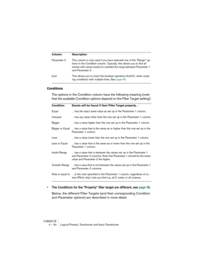 Page 54CUBASE SE4 – 54 Logical Presets, Transformer and Input Transformer
Conditions
The options in the Condition column have the following meaning (note 
that the available Condition options depend on the Filter Target setting):
• The Conditions for the “Property” filter target are different, see page 58.
Below, the different Filter Targets (and their corresponding Condition 
and Parameter options) are described in more detail.
Parameter 2 This column is only used if you have selected one of the “Range” op-...