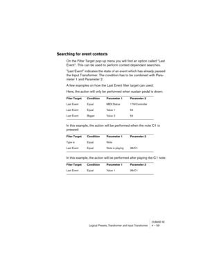 Page 59CUBASE SELogical Presets, Transformer and Input Transformer 4 – 59
Searching for event contexts
On the Filter Target pop-up menu you will find an option called “Last 
Event”. This can be used to perform context dependant searches.
"Last Event" indicates the state of an event which has already passed 
the Input Transformer. The condition has to be combined with Para-
meter 1 and Parameter 2. 
A few examples on how the Last Event filter target can used:
Here, the action will only be performed when...