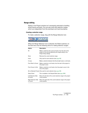 Page 109CUBASE SE
The Project window 5 – 109
Range editing
Editing in the Project window isn’t necessarily restricted to handling 
whole events and parts. You can also work with selection ranges, 
which are independent from the event/part and track boundaries.
Creating a selection range
To make a selection range, drag with the Range Selection tool.
When the Range Selection tool is selected, the Select submenu on 
the Edit menu has the following items for making selection ranges:
Option Description
All Makes a...