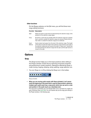 Page 113CUBASE SE
The Project window 5 – 113
Other functions
On the Range submenu on the Edit menu, you will find three more 
range editing functions:
Options
Snap
The Snap function helps you to find exact positions when editing in 
the Project window. It does this by restricting horizontal movement 
and positioning to certain positions. Operations affected by Snap in-
clude moving, copying, drawing, sizing, splitting, range selection, etc.
•You turn Snap on or off by clicking the Snap icon in the toolbar.
Snap...
