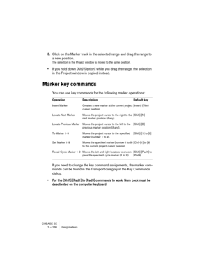 Page 136CUBASE SE
7 – 136 Using markers
3.Click on the Marker track in the selected range and drag the range to 
a new position.
The selection in the Project window is moved to the same position.
•If you hold down [Alt]/[Option] while you drag the range, the selection 
in the Project window is copied instead.
Marker key commands
You can use key commands for the following marker operations:
If you need to change the key command assignments, the marker com-
mands can be found in the Transport category in the Key...
