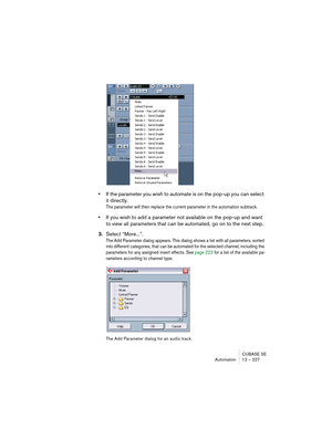 Page 227CUBASE SE
Automation 12 – 227
•If the parameter you wish to automate is on the pop-up you can select 
it directly.
The parameter will then replace the current parameter in the automation subtrack. 
•If you wish to add a parameter not available on the pop-up and want 
to view all parameters that can be automated, go on to the next step.
3.Select “More...”.
The Add Parameter dialog appears. This dialog shows a list with all parameters, sorted 
into different categories, that can be automated for the...