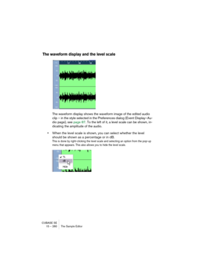 Page 280CUBASE SE
15 – 280 The Sample Editor
The waveform display and the level scale
The waveform display shows the waveform image of the edited audio 
clip – in the style selected in the Preferences dialog (Event Display–Au-
dio page), see page 87. To the left of it, a level scale can be shown, in-
dicating the amplitude of the audio.
•When the level scale is shown, you can select whether the level 
should be shown as a percentage or in dB.
This is done by right-clicking the level scale and selecting an option...