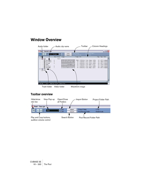 Page 330CUBASE SE
18 – 330 The Pool
Window Overview
Toolbar overview
Audio folder
Trash folder Video folderAudio clip name
Waveform imageColumn HeadingsToolbar
Open/Close 
all Folders View Pop-up Hide/show 
info lineImport Button
Project Folder Path
Pool Record Folder Path
Play and Loop buttons, 
audition volume controlSearch Button   