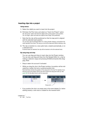 Page 334CUBASE SE
18 – 334 The Pool
Inserting clips into a project
Using menus
1.Select the clip(s) you want to insert into the project.
2.Pull down the Pool menu and select an “Insert into Project” option.
The “At Cursor” option will insert the clip(s) at the current project cursor position. 
The “At Origin” option will insert the clip(s) at their Origin Time position(s).
•Note that the clip will be positioned so that its snap point is aligned 
with the selected insert position.
You can also open the Sample...