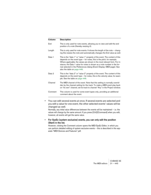 Page 445CUBASE SE
The MIDI editors 21 – 445
•You can edit several events at once. If several events are selected and 
you edit a value for one event, the other selected events’ values will be 
changed as well.
Normally, any initial value differences between the events will be maintained – i.e. the 
values will change by the same amount. If you press [Ctrl]/[Command] when you edit, 
however, all events will get the same value.
• For SysEx (system exclusive) events, you can only edit the position 
(Start) in the...