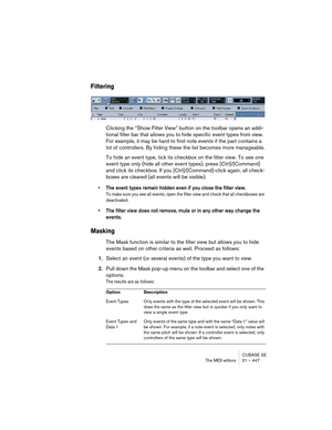 Page 447CUBASE SE
The MIDI editors 21 – 447
Filtering
Clicking the “Show Filter View” button on the toolbar opens an addi-
tional filter bar that allows you to hide specific event types from view. 
For example, it may be hard to find note events if the part contains a 
lot of controllers. By hiding these the list becomes more manageable.
To hide an event type, tick its checkbox on the filter view. To see one 
event type only (hide all other event types), press [Ctrl]/[Command] 
and click its checkbox. If you...