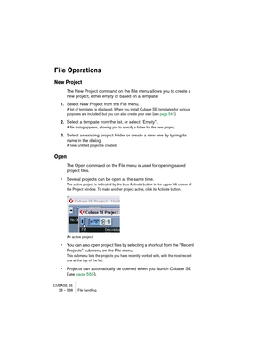 Page 538CUBASE SE
28 – 538 File handling
File Operations
New Project
The New Project command on the File menu allows you to create a 
new project, either empty or based on a template:
1.Select New Project from the File menu.
A list of templates is displayed. When you install Cubase SE, templates for various 
purposes are included, but you can also create your own (see page 541).
2.Select a template from the list, or select “Empty”.
A file dialog appears, allowing you to specify a folder for the new project....